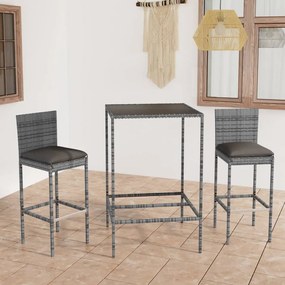 3064829 vidaXL Set mobilier bar de grădină, cu perne, 3 piese, gri, poliratan