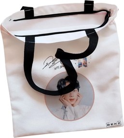 Sacosa de Panza pentru Cumparaturi, Geanta Tote, model BTS Jin, Cu fermoar, 38x34.5 cm, Alba, BEKZ®