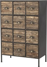 Comodă cu multe sertare, industrială, din metal și lemn, negru, cu 12 sertare, mânere scoică și picioare metalice, 92 x 60,5 x 33,5 cm, „Matteo”