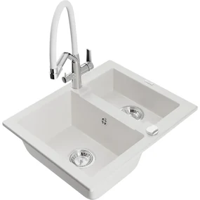 Mexen Carlos chiuvetă de granit cu 1,5 compartiment și baterie de bucătărie Duo, Albă - 6518-20-671701-02