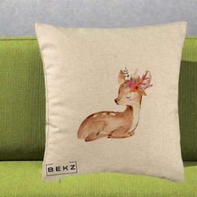 Perna Decorativa Caprioara cu Flori in Coama, 40x40 cm, Bej, Husa Detasabila, Perna Inclusa, BEKZ®