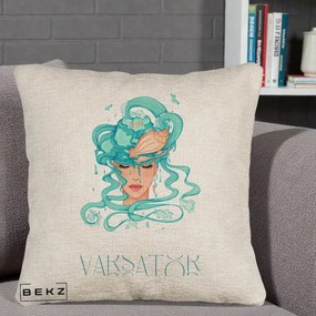 Perna Personalizata Zodiac Varsator Cowgirl, 40x40 cm, Bej Canapea, Husa Detasabila, Perna Inclusa, BEKZ®