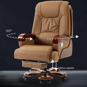 EXECUTIVE SIGNATURE 8033 – Scaun directorial din piele naturala si lemn masiv, Masaj in 9 puncte si Incalzire, rezistent 150 kg, Khaki