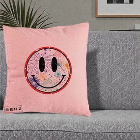 Perna Decorativa Smiley Face cu Artificii Multicolore, 40x40 cm, Roz, Husa Detasabila, Perna Inclusa, BEKZ®