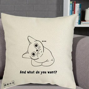 Perna Decorativa And What Do You Want Cat, 40x40 cm, Ecru, Husa Detasabila, Perna Inclusa, BEKZ®