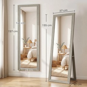 HOMCOM Oglindă Autoportantă Modernă, 37x157 cm, Oglindă de Perete și de Podea în Mărime Naturală cu Ramă din Lemn și Suport, pentru Dormitor, Living și Hol, Gri | Aosom Romania
