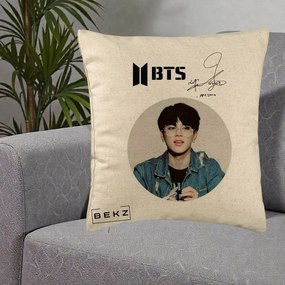 Perna Personalizata K-pop BTS Jimin Portret Cerc Autograf Geaca, 40x40 cm, Bej, Husa Detasabila, Perna Inclusa, BEKZ®