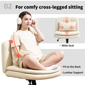 HOMCOM Scaun de birou fără brațe cu piele ecologică, scaun de birou cu roți, pernă suplimentară, reglabil în înălțime, rotativ, bej | Aosom Romania