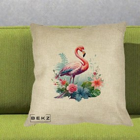 Perna Decorativa Flamingo cu Flori Tropicale Acuarela, 40x40 cm, Crem, Husa Detasabila, Perna Inclusa, BEKZ®