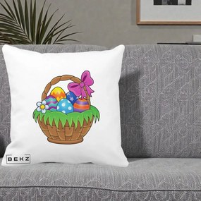 Perna Decorativa Cos cu Oua de Pasti Colorat, 40x40 cm, Alba Mata, Husa Detasabila, Perna Inclusa, BEKZ®