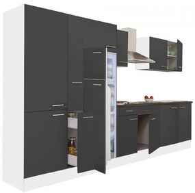Mobilă de bucătărie Yorki 360 cu corp alb, față antracit satinat, dulap cu rafturi și frigider cu congelator superior