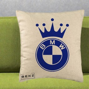 Perna Personalizata cu emblema BMW si Coroana, 40x40 cm, Bej, Husa Detasabila, Perna Inclusa, BEKZ®