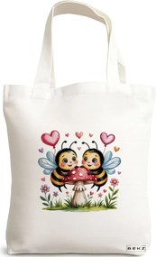 Sacosa de Panza pentru Cumparaturi, Geanta Tote, model Romantic Bees on Mushroom 38 x 34.5 cm, Alba, BEKZ®