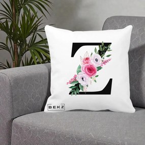 Cadou Personalizat - Perna Personalizata Monograma Florala Litera Z cu Buchet, 40x40 cm, Alba Mata, Husa Detasabila, Perna Inclusa, BEKZ®