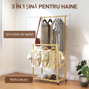 HOMCOM Suport pentru haine cu 2 bare, raft inferior și 4 roți din bambus, 80x40x160 cm, lemn natural | Aosom Romania
