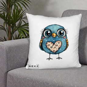 Perna Decorativa Bufnita Albastra cu Inimioare, 40x40 cm, Alb Pufos, Husa Detasabila, Perna Inclusa, BEKZ®