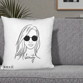 Perna Decorativa Beauty Girl Line Art, 40x40 cm, Alb Pufos, Husa Detasabila, Perna Inclusa, BEKZ®