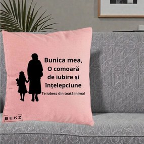 Cadou pentru Bunica - Perna Personalizata Bunica Mea Comoara Iubire Intelepciune Silueta, 40x40 cm, Roz, Husa Detasabila, Perna Inclusa, BEKZ®