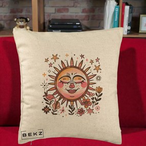Perna Decorativa Soare Retro Boho Floral, 40x40 cm, Bej, Husa Detasabila, Perna Inclusa, BEKZ®