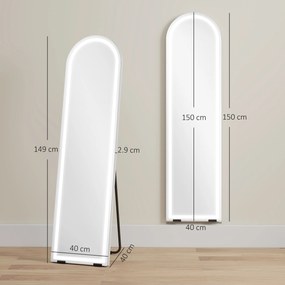 HOMCOM Oglindă de corp întreg cu lumini LED, 150 x 40 cm, arcuită, dimabilă, 3 culori de lumină, freestanding sau montare pe perete, Alb | Aosom Romania