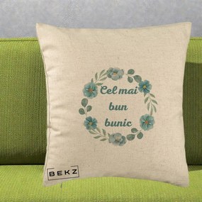 Cadou pentru Bunic - Perna Personalizata Cel Mai Bun Bunic Coronita Flori Albastre Teal, 40x40 cm, Bej, Husa Detasabila, Perna Inclusa, BEKZ®