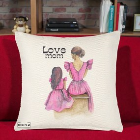 Cadou pentru Mama - Perna Personalizata Love Mom Rochii Roz, 40x40 cm, Crem Reliefat, Husa Detasabila, Perna Inclusa, BEKZ®