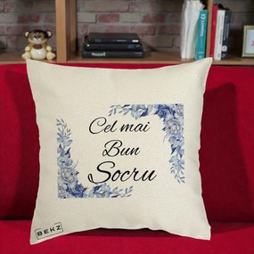 Cadou pentru Socru - Perna Personalizata Cel mai Bun Socru cu Flori Albastre Acuarela, 40x40 cm, Ecru, Husa Detasabila, Perna Inclusa, BEKZ®