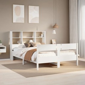 vidaXL Pat cu bibliotecă fără saltea, alb, 140x190 cm, lemn masiv pin