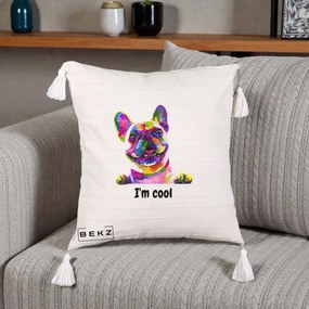 Perna Personalizata Bulldog Francez I'm Cool, 40x40 cm, Bej cu Franjuri, Husa Detasabila, Perna Inclusa, BEKZ®