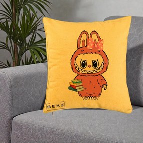 Perna Personalizata Labubu Roz cu Funda si Carti, 40x40 cm, Galben, Husa Detasabila, Perna Inclusa, BEKZ®