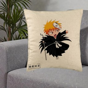 Perna Personalizata Bleach Ichigo Chibi cu Masca, 40x40 cm, Bej, Husa Detasabila, Perna Inclusa, BEKZ®