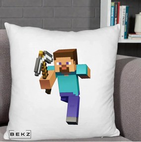 Perna Personalizata Minecraft Steve, 40x40 cm, Alb Pufos, Husa Detasabila, Perna Inclusa, BEKZ®