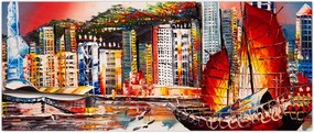 Tablou - Victoria Harbour, Hong Kong, pictură în ulei (120x50 cm)