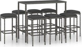 vidaXL Set mobilier bar de grădină cu perne, 9 piese, gri, poliratan