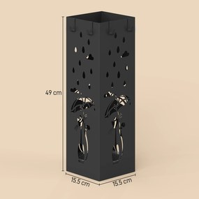 HOMCOM Suport de Umbrele Pătrat din Metal pentru Intrare, Suport Autoportant cu Tavă Detașabilă și 4 Cârlige, pentru Interior și Exterior, 15.5x15.5x49 cm, Negru | Aosom Romania
