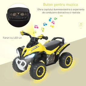 HOMCOM Mini ATV, Motocicletă pentru Copii 18-36 Luni cu Muzică Integrată și Ghidon Larg, 67,5x38x44 cm, Galben | Aosom Romania