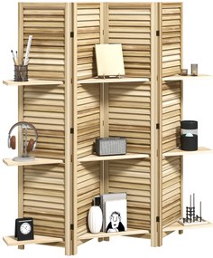 HOMCOM Paravan interior din lemn 4 panouri 160 x 170 cm, separator de cameră pliabil cu 3 rafturi, lemn natural | Aosom Romania