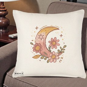Perna Decorativa Luna Florala Boho, 40x40 cm, Crem Reliefat, Husa Detasabila, Perna Inclusa, BEKZ®