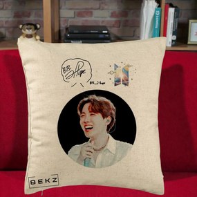 Perna Personalizata K-pop BTS J-Hope Portret cu Autograf, 40x40 cm, Bej, Husa Detasabila, Perna Inclusa, BEKZ®