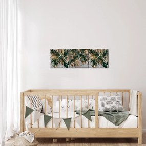 Tablou - Frunze tropicale, Galben - auriu (cu ceas) (90x30 cm)