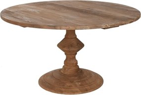 Masă dining rotundă din lemn de tec reciclat, natur, blat din scânduri îmbinate și picior central sculptat, finisaj natural, 75 x 140 cm, „Mireille”