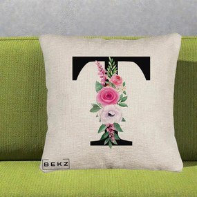 Cadou Personalizat - Perna Personalizata Monograma Florala Litera T, 40x40 cm, Bej Canapea, Husa Detasabila, Perna Inclusa, BEKZ®