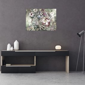 Tablou pe sticlă - Flori pe roata de lemn (70x50 cm)