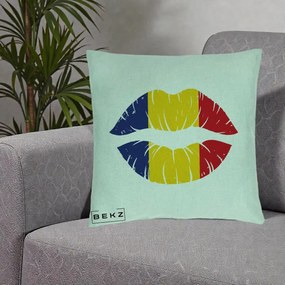 Perna Personalizata Buze Tricolor Romania, 40x40 cm, Verde Menta, Husa Detasabila, Perna Inclusa, BEKZ®