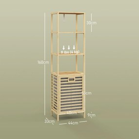 HOMCOM Dulap Înalt de Depozitare pentru Baie cu Coș de Rufe, Dulap de Baie Subțire cu Coș și 3 Rafturi Deschise, 44x33x160 cm, Natural | Aosom Romania