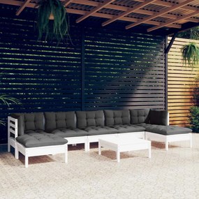 vidaXL Set mobilier de grădină cu perne, 8 piese, alb, lemn de pin