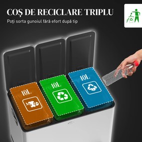 HOMCOM Coș de Gunoi cu 3 Compartimente de 20L, Cu Pedală, Capace cu Închidere Silențioasă, Oțel Inoxidabil și PP, 61,9x36,6x56,7 cm, Argintiu | Aosom Romania