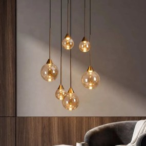 Lustra cu 6 pendule, Opus Lux, Sticla Amber si Metal Bronz, LED CCT