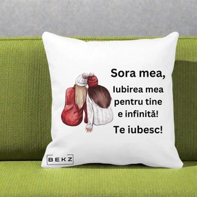 Cadou pentru Sora - Perna Personalizata Sora Mea Te Iubesc Doua Fete Iarna Acuarela, 40x40 cm, Alba Mata, Husa Detasabila, Perna Inclusa, BEKZ®