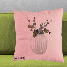 Perna Decorativa Vaza cu Eucalipt Watercolor, 40x40 cm, Roz, Husa Detasabila, Perna Inclusa, BEKZ®